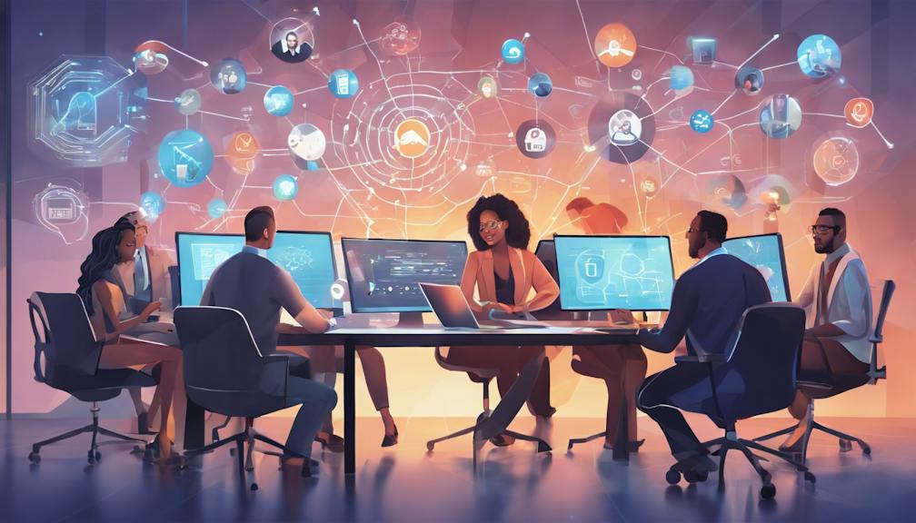 team of Salesforce consultants brainstorming around a holographic projection of a software development lifecycle, with icons representing collaboration, data management, and customer relationship floating around them, set against the backdrop of a bustling modern office environment.
