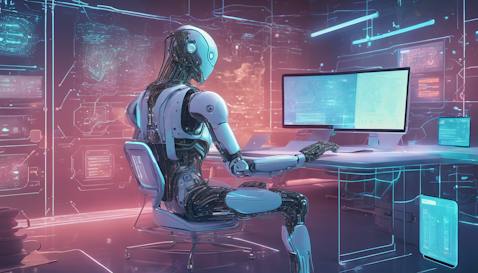 A human-like robot sitting at a modern workspace with multiple holographic screens floating around, displaying chat bubbles, code snippets, and neural network diagrams, symbolizing the process of developing conversational AI, with a soft glow of binary code reflecting on the robot's metallic surface, set in a futuristic lab environment. Include a title at the top of the image that reads 'Building Conversational AI: An Introduction to Chatbot Development'