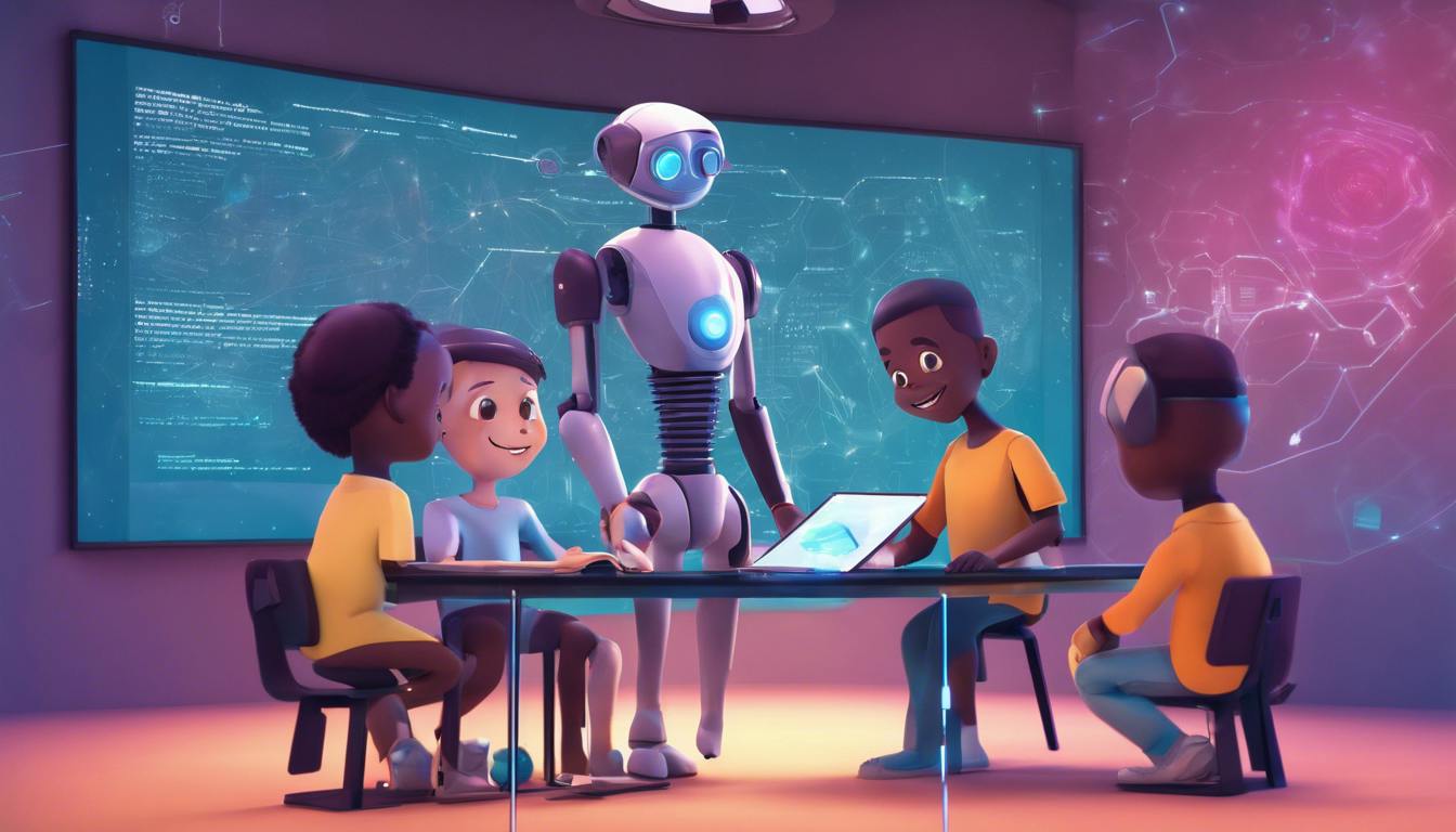 Digital artwork that visualizes the concept of 'Unity Fundamentals: A Beginner's Guide to Software Development' depicting a friendly robot instructor teaching a diverse group of eager young learners about Unity software on a holographic interface in a futuristic educational space.