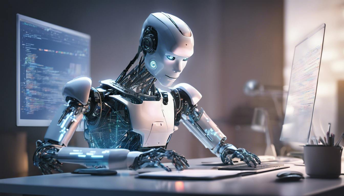 Humanoid robot sitting at a desk mastering C.
