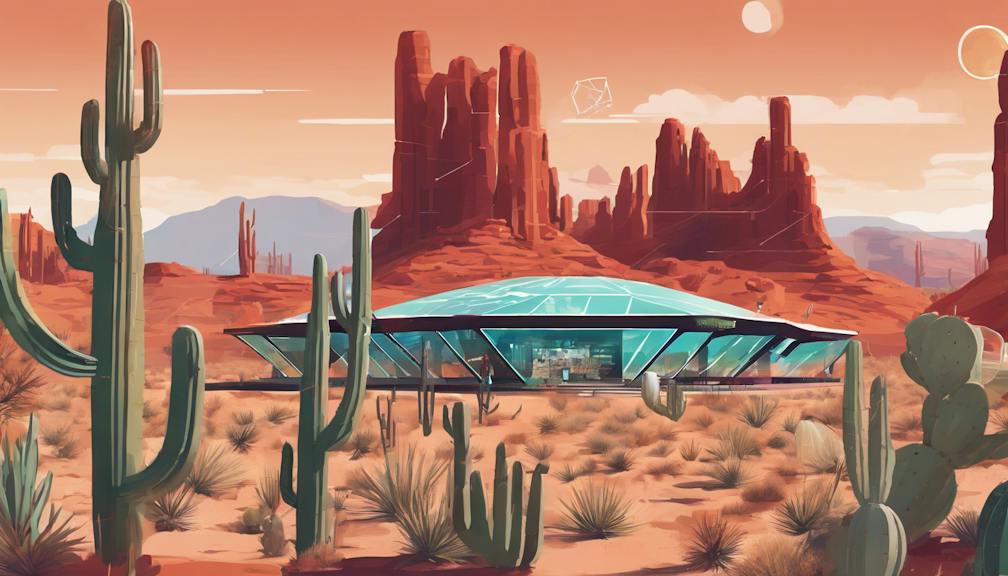 Futuristic tech hub in the Arizona desert, showcasing diverse software developers collaborating around augmented reality interfaces, with cacti and red rock formations in the background, overlaid with abstract symbols representing trending programming languages and agile methodologies.