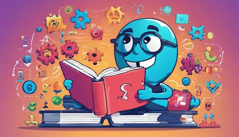 Cartoon Character holding a large book about software development fundamentals.
